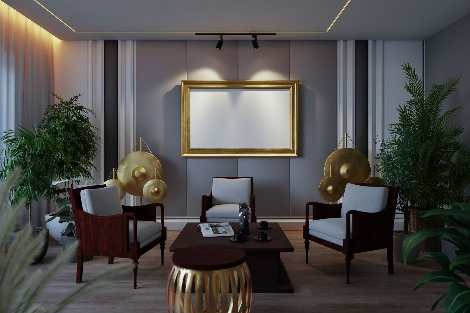 A quiet, comfortably furnished private meeting room with armchairs